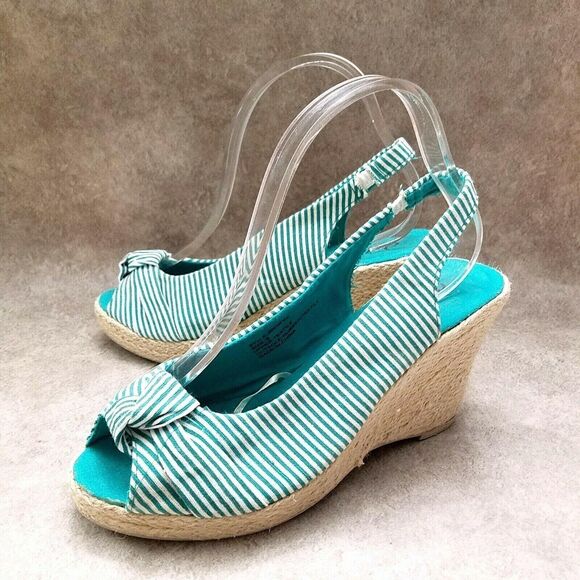 Dots Womens Joon 2  Sz 9 M Green Stripes Peep Toe Slingback 3.5" Heels Wedge - Picture 8 of 10
